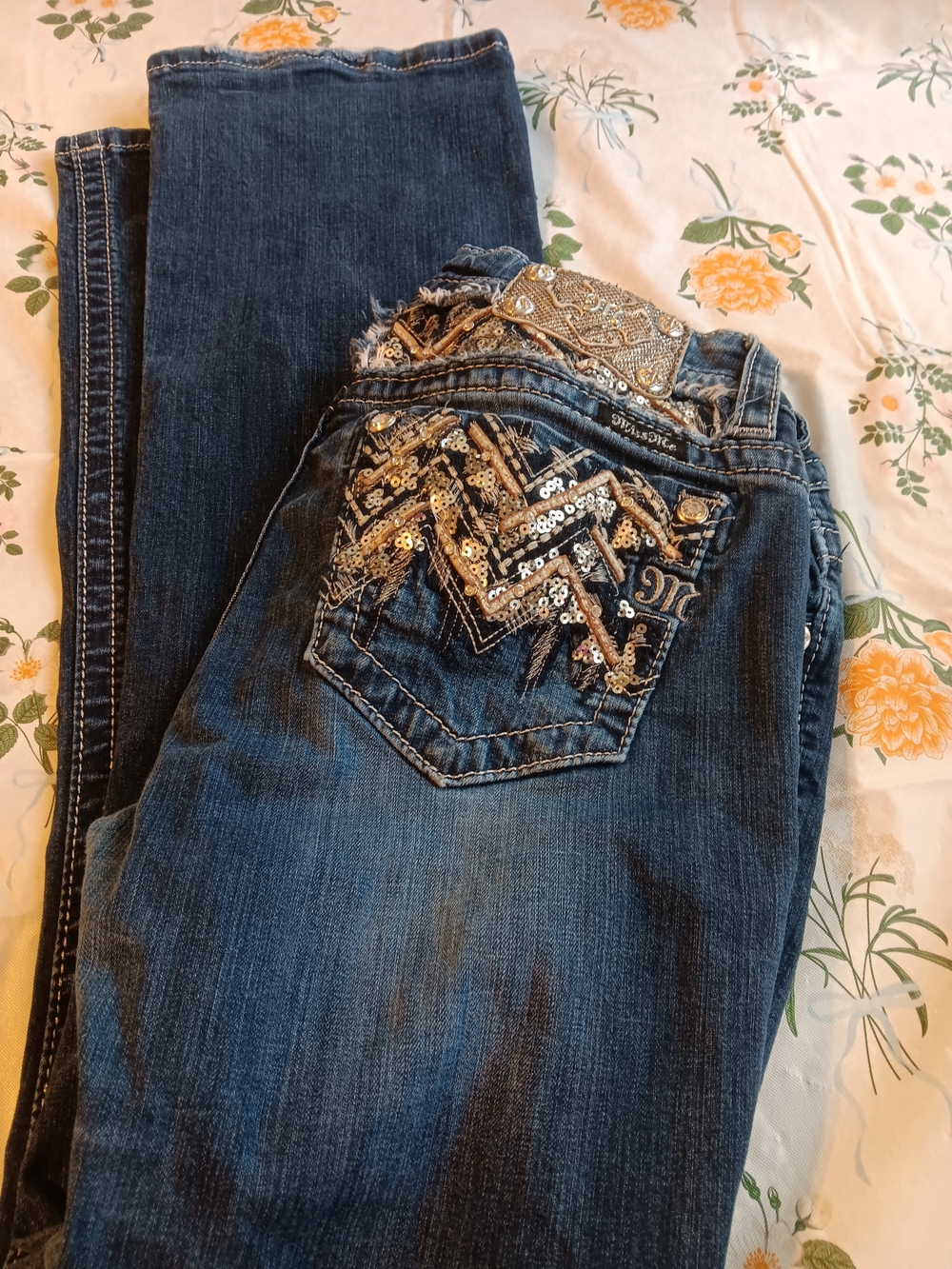 Miss Me Dark Blue Boot Cut Jeans with Gold Sequin Pocket